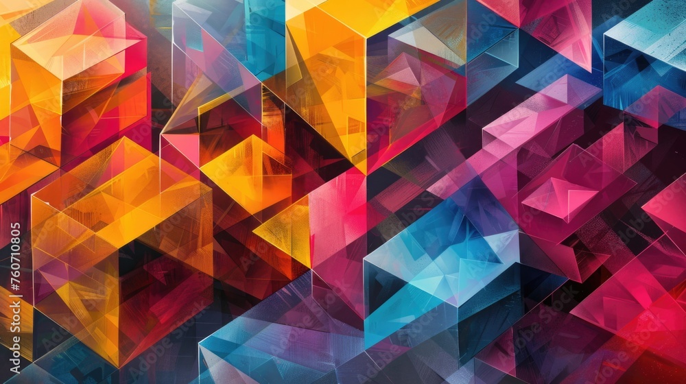 A colorful abstract painting of cubes and triangles. A colorful abstract painting of cubes and triangles.