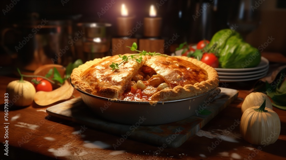 Homemade Meat Pie Baked with Fresh Vegetables