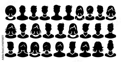 This collection offers a diverse range of black silhouette avatar icons, featuring both male and female profiles with various hairstyles and facial features. Designed in a minimalist vector style.
