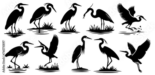 This collection of heron silhouettes showcases the birds in various activities such as flying, fishing, and resting. Designed in a minimalist black and white style