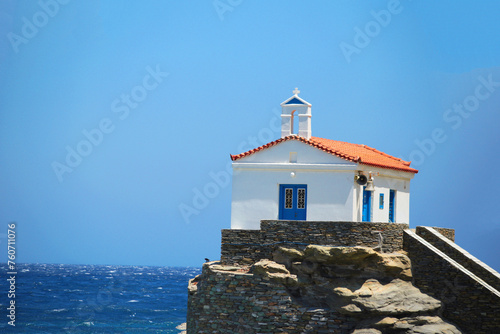 andros island greece panagia thalassini church wavy sea