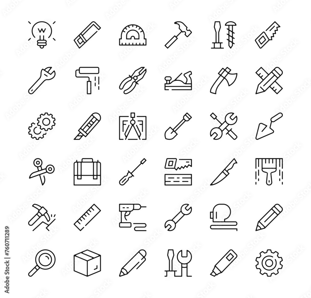 Work tools icons set. Vector line icons. Black outline stroke symbols Work tools icons set. Vector line icons. Black outline stroke symbols