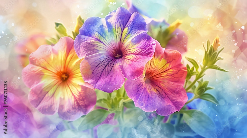 Watercolor petunia illustration where summers bounty is celebrated in a burst of colors