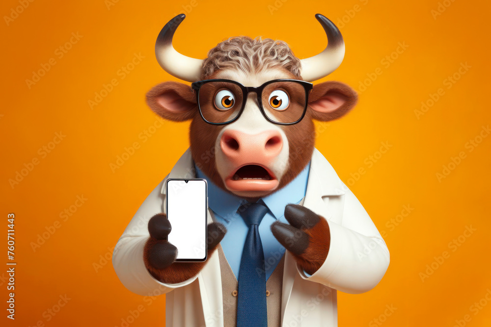 Shocked bull in glasses holding smart phone mockup white screen isolated on color solid background. ai generative Shocked bull in glasses holding smart phone mockup white screen isolated on color solid background. ai generative