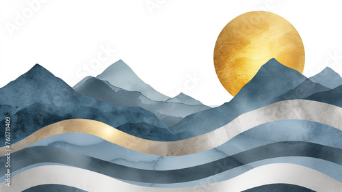 Mountain minimalistic landscape concept background design. Mountains and golden sun or moon horizontal banner. Digital artwork raster bitmap. AI artwork. © Oxana