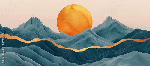 Mountain minimalistic landscape concept background design. Mountains and golden sun or moon horizontal banner. Digital artwork raster bitmap.