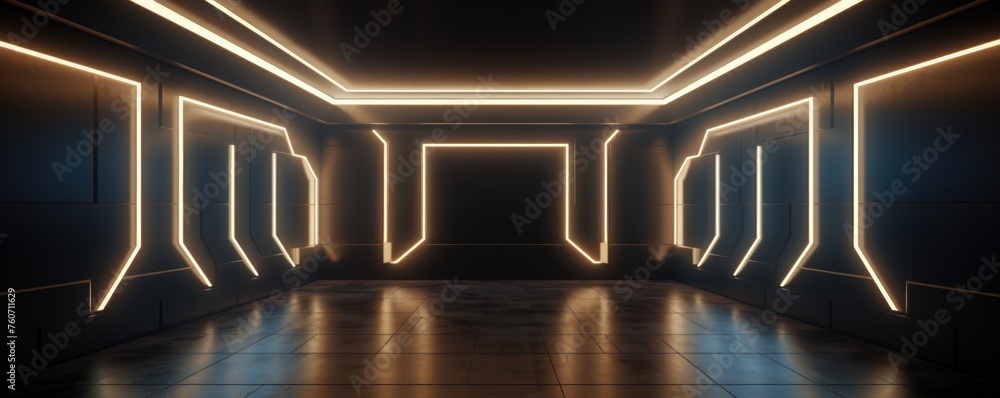 Obraz premium Ivory neon tunnel entrance path design seamless tunnel lighting neon linear strip backgrounds 3d