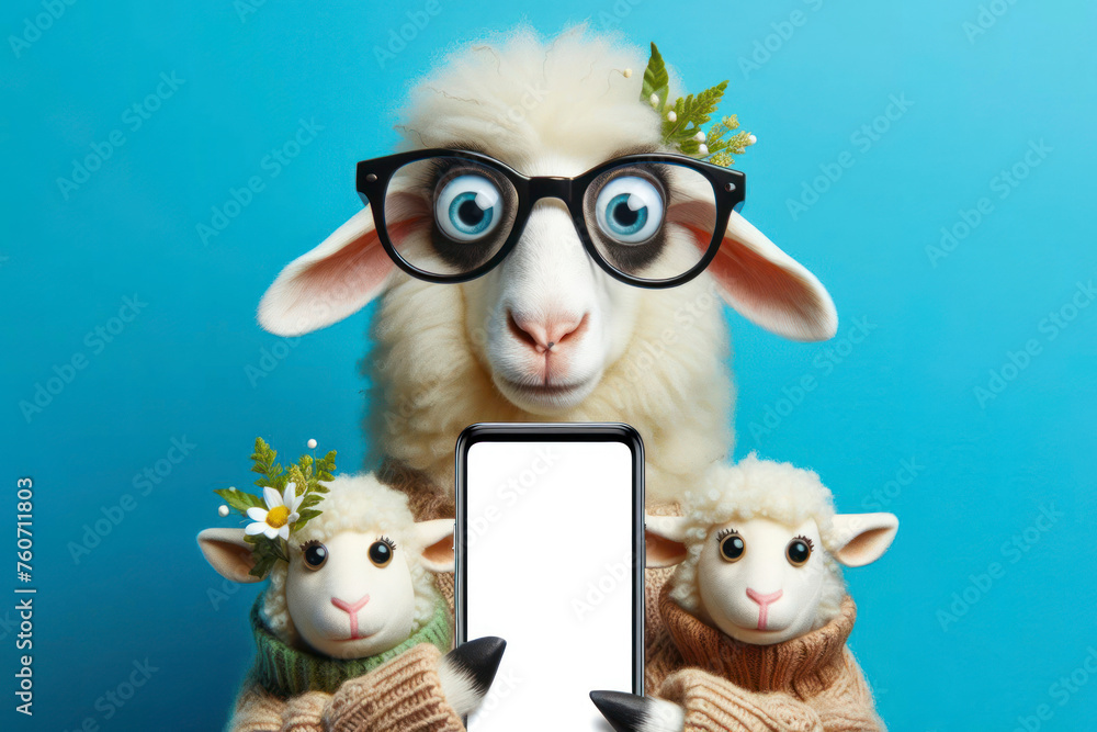 Shocked sheep in glasses with kids holding smartphone mockup white screen over blue background. ai generative Shocked sheep in glasses with kids holding smartphone mockup white screen over blue background. ai generative