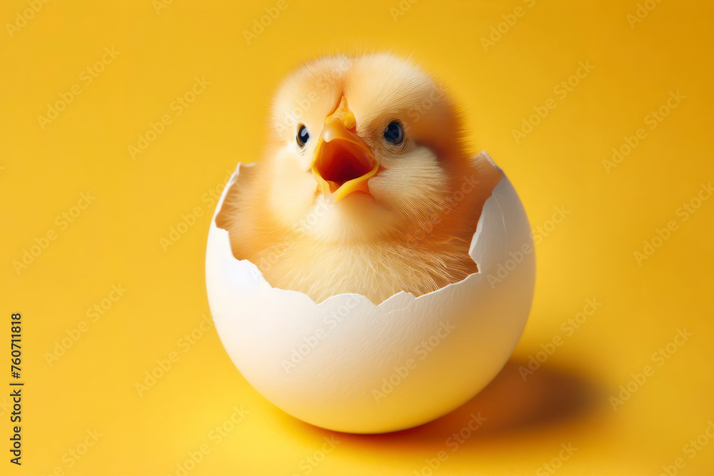 surprised baby chicken with open mouth look out egg over bright yellow background. ai generative surprised baby chicken with open mouth look out egg over bright yellow background. ai generative