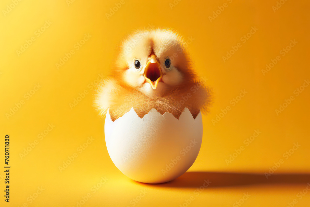 surprised baby chicken with open mouth look out egg over bright yellow background. ai generative surprised baby chicken with open mouth look out egg over bright yellow background. ai generative
