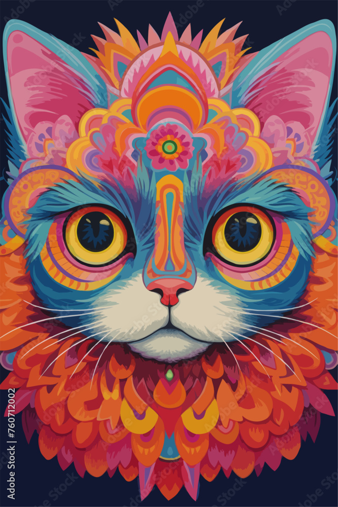 COLORFUL CAT, Painting, Portrait, Animal, Pet, Kitten, Feline, Poster, Wallpaper. Image of a blue-yellow-eyed cat with bright colors combination. Contemporary felines art. Fantasy of color everywhere.
