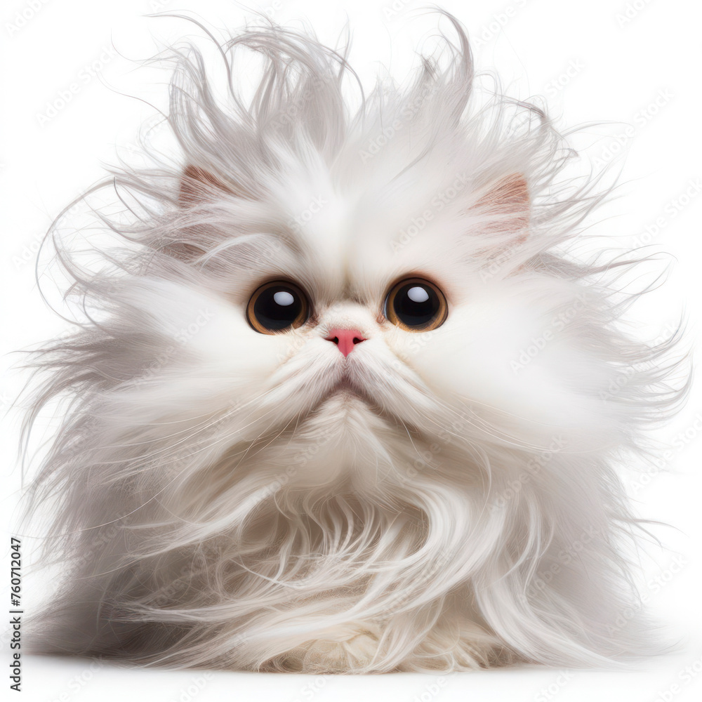 White hairy cat with developing hair funny expression isolated on solid white background. ai generative