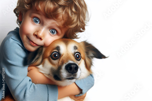 The kid hugs his dog tightly, who looks at him with a surprised expression on his face and bulging eyes. ai generative © Igor