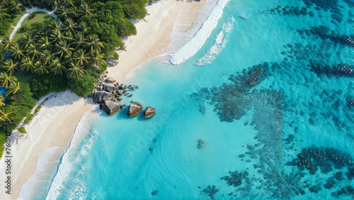 A drone shot of the most beautiful Caribbean beach, white sand, palm trees, crystal clear ocean, blue water, summer paradise, summer vacation, travel inspiration, tropical island, holiday resort, sea
