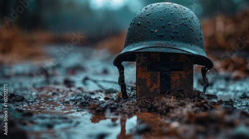 Helmet Resting on Puddle of Water