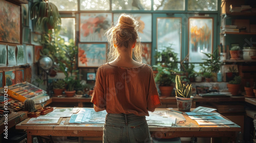 Woman Standing at Table in Room Filled With Plants