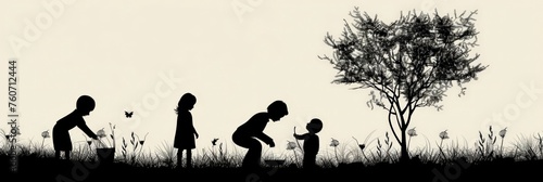 Children planting tree silhouette illustration photo