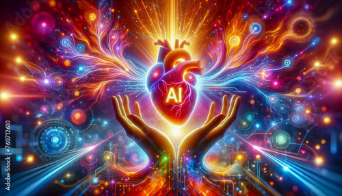 Human hands present a glowing heart with "AI" symbol against a cosmic tech backdrop.