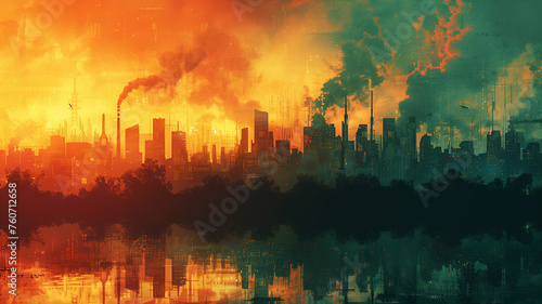 A city skyline with a lot of smoke and fire in the background