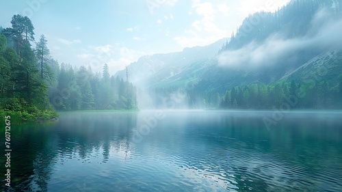 Early morning mist hovers over a calm mountain lake