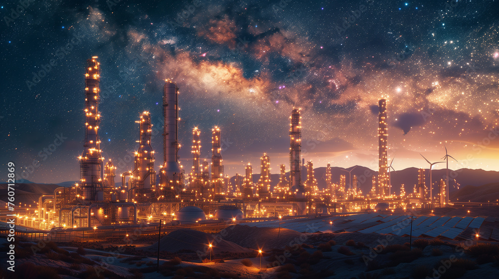 Obraz premium A city with many buildings and a large oil refinery