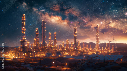 A city with many buildings and a large oil refinery