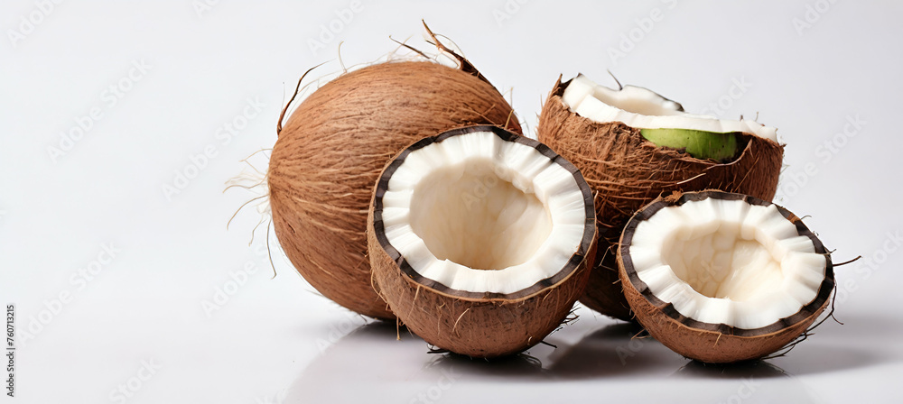 Coconut fruit with cut in half isolated on white background.Coconut cracked open with a whole coconut on white back generative by ai... Coconut fruit with cut in half isolated on white background.Coconut cracked open with a whole coconut on white back generative by ai...