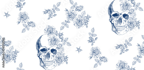 Vintage blue skull with  roses flowers and  levis seamless pattern	