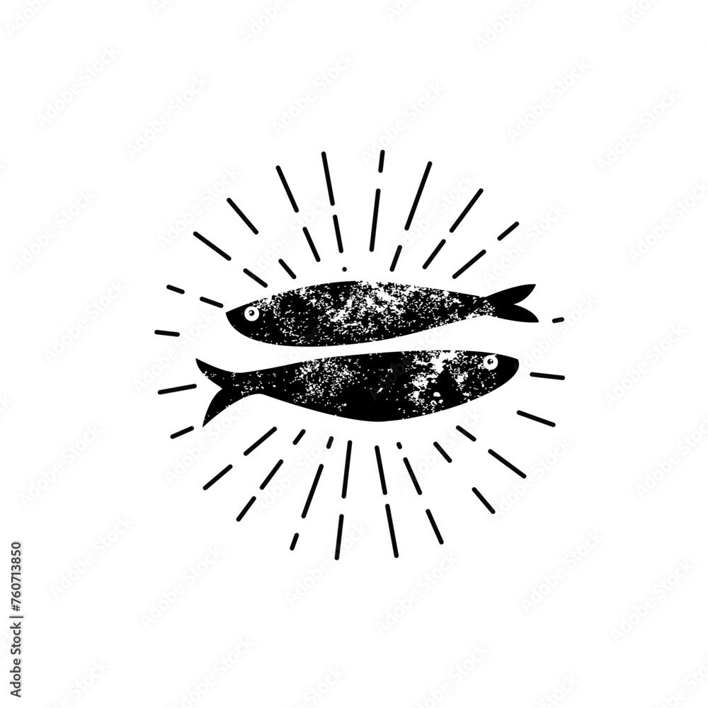 sardine fish retro with sunburst isolated on white background - obrazy, fototapety, plakaty 