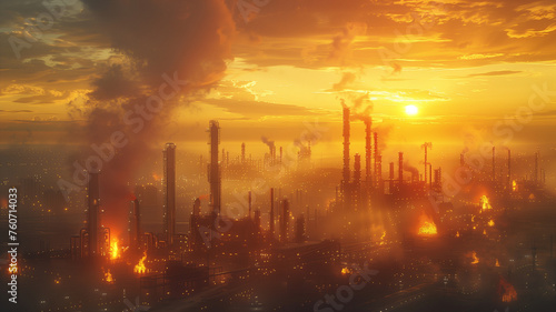 A city with many factories and a large fire in the sky