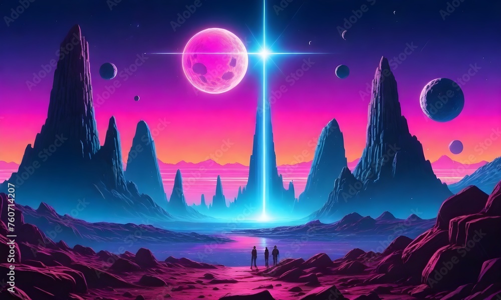 people standing on an alien planet with pink and purple hues