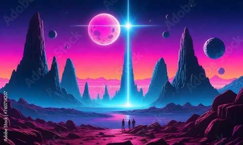 people standing on an alien planet with pink and purple hues © sanart design