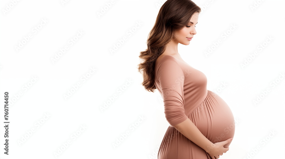 Pregnant woman dreaming about child. Young happy expectant thinking about her baby and enjoying her future life on white baclground. Motherhood, pregnancy, happiness concept, copy space Pregnant woman dreaming about child. Young happy expectant thinking about her baby and enjoying her future life on white baclground. Motherhood, pregnancy, happiness concept, copy space