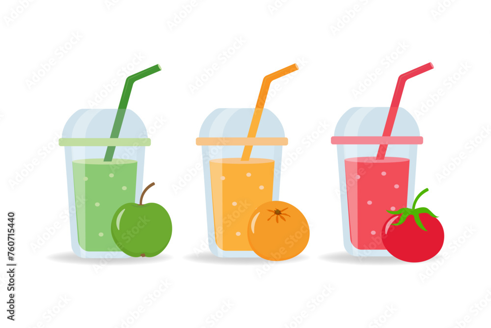 Fresh smoothies and sparkling drinks Fruit refreshment and soft drinks in glasses. Vector illustration