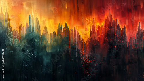 A painting of a cityscape with a red and yellow background