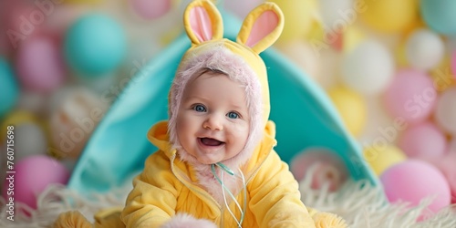 A baby wrapped up warmly in a cute bunny ears hat and scarf.