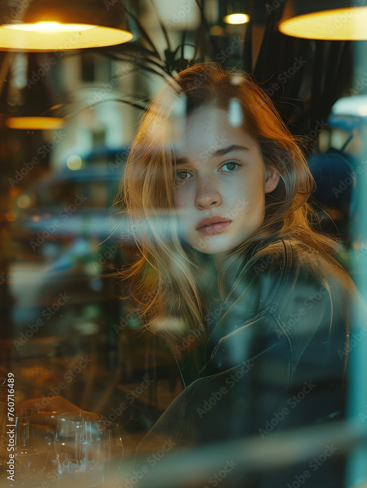 A woman is sitting in a restaurant with a glass of water in front of her A woman is sitting in a restaurant with a glass of water in front of her