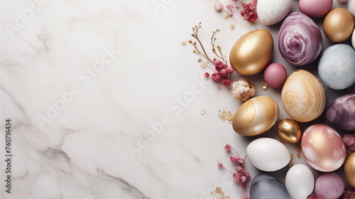 Happy Easter card: Series of eggs with marble stone effect painted with natural dye carcade flower on grey concrete background with blank space for text; top view, flat lay