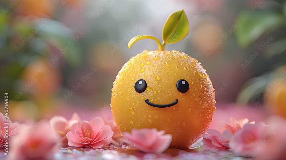 A heartwarming 3D portrayal of a radiant orange character, its cute eyes sparkling, crowned with lush green leaves, surrounded by an array of citrus and charming flowers. A heartwarming 3D portrayal of a radiant orange character, its cute eyes sparkling, crowned with lush green leaves, surrounded by an array of citrus and charming flowers.