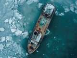 Aerial view of a Lone vessel drifting amidst icy serenity, tranquil reflections