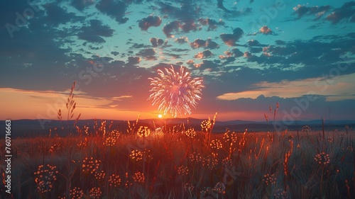 Vivid firework display illuminating the twilight above a shimmering azure field