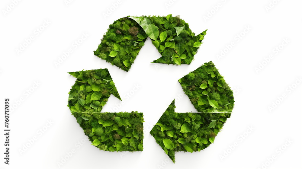 Recycle sign covered with green plants against white background Recycle sign covered with green plants against white background