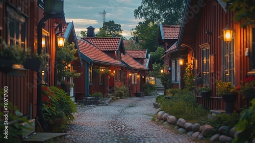 Evening lights over traditional Scandinavian architecture photo