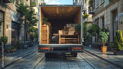 Open cargo truck with household items for move
