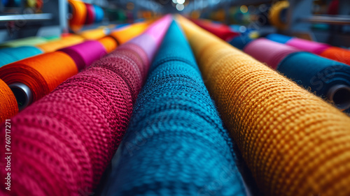 A row of colorful yarns are displayed in a store