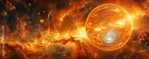 Celestial orange vessel, shimmering with cosmic energy, swirling nebulae inside, floating amidst a cluster of stars