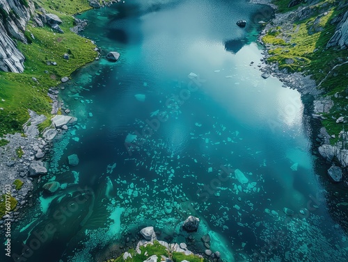 Aerial view of a Crystal-clear waters, towering peaks, reflections of nature 