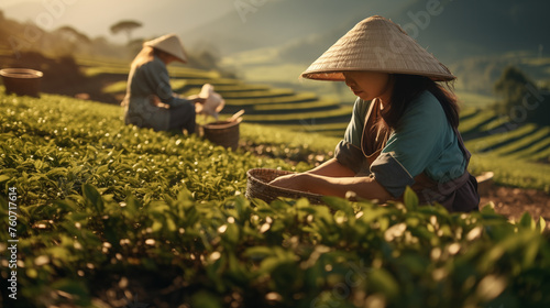 Asian woman picking tea leaves at field. Asian girls picking tea on a sunny day photo