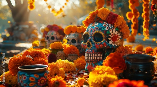 Dia de los Muertos, Colorful Sugar Skulls, Decorated altars with marigolds, offerings to the deceased, vibrant celebration in Mexico, Photography, Backlights, Vignette