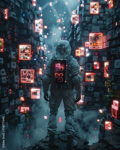 Digital Explorer, modern attire, navigating a maze of glowing social media icons and virtual landscapes Overcast weather, 3D render, chromatic aberration camera effect photo